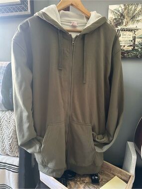 Men's Olive Green Zip-Up Hooded Sweater Thermal Lined
